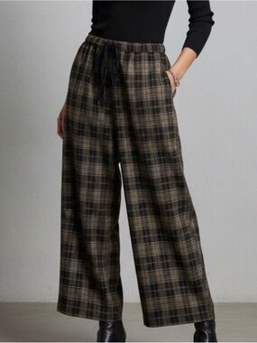 Made In Italy Wide-Leg Plaid Drawstring Pants - Brown/Black